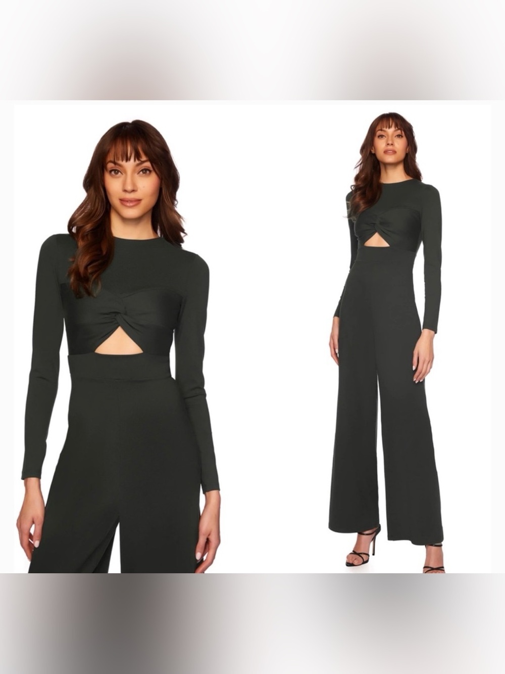 NWT Susana Monaco Long Sleeve Twist‎ Front Wide-Leg Jumpsuit in Hunter Green